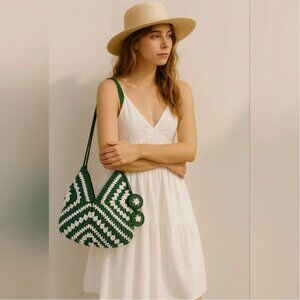 ZARA Green & White Crochet Beaded Bucket Bag With Charms